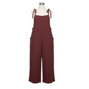 Meo Meli 100% Linen Burgundy Cropped Wide Leg Jumpsuit OS Coastal Vacation Boho